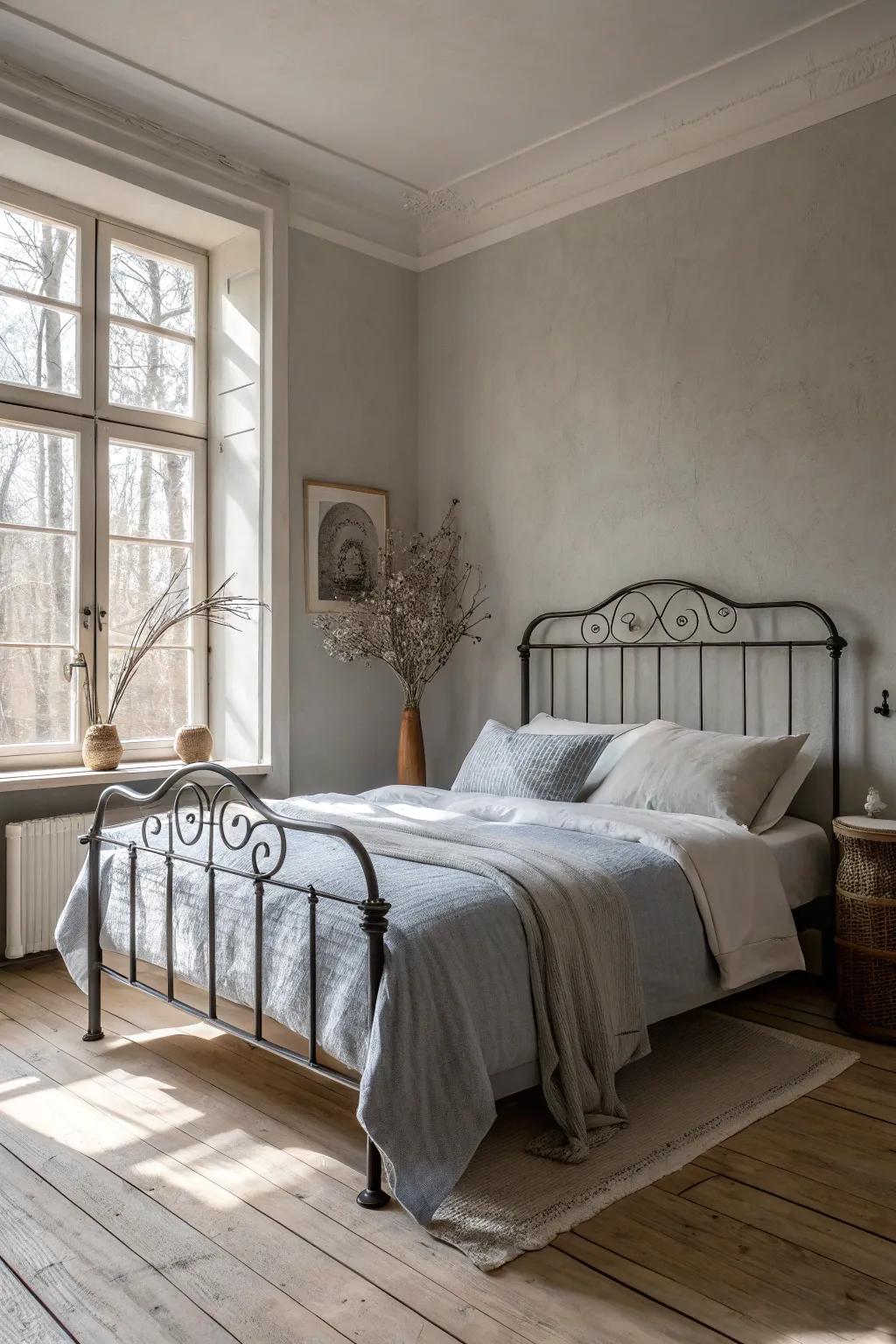Find peace in simplicity, where a wrought iron bed stands as the elegant centerpiece of a minimalist sanctuary.