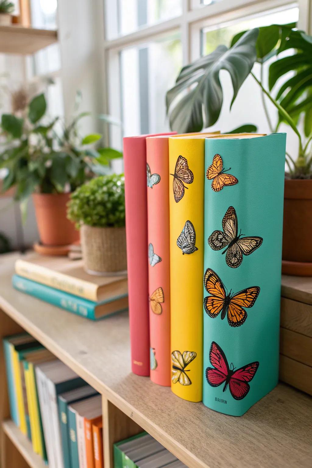 Let your decor take flight with whimsical butterfly stickers fluttering across your bookshelf.