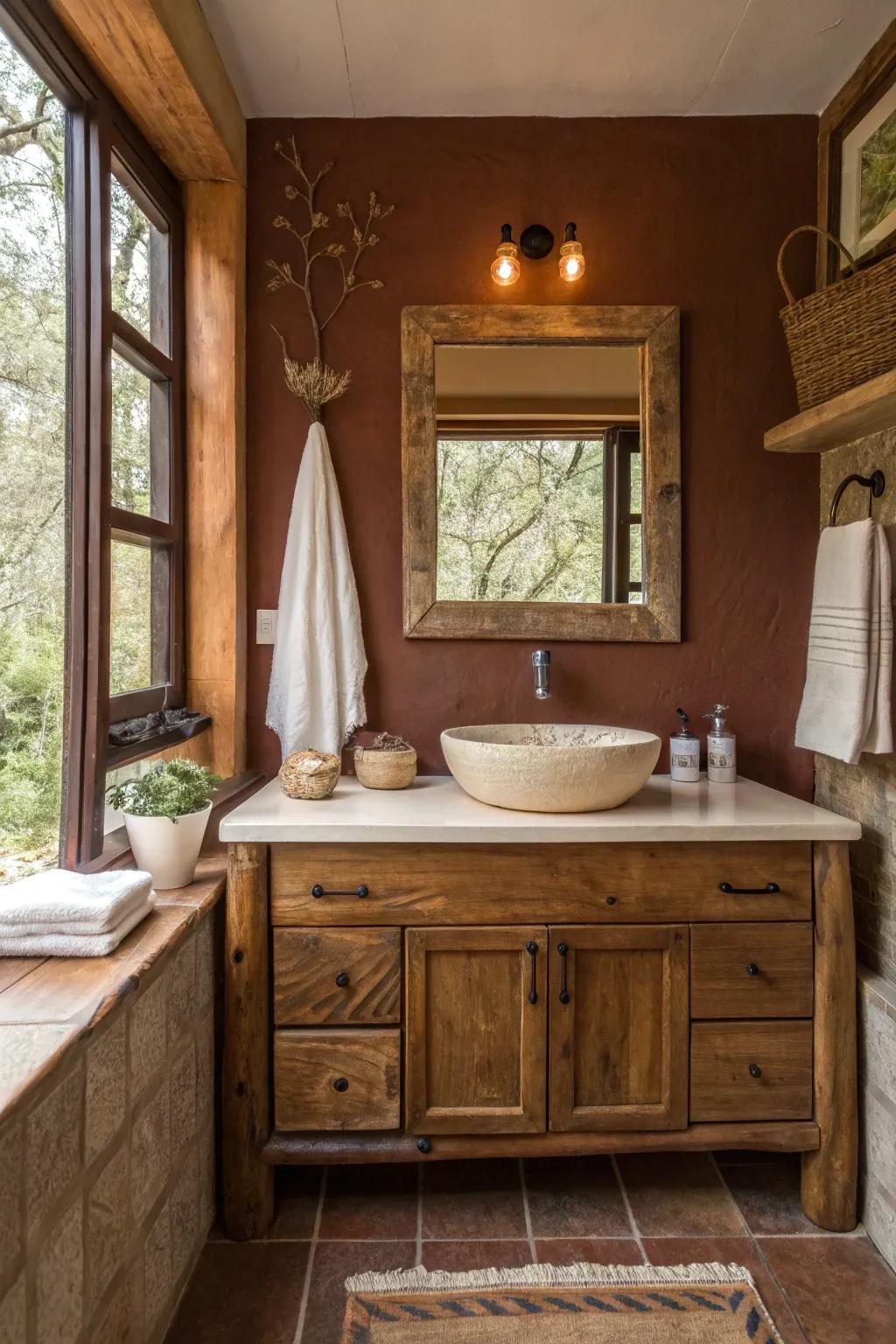 Earthy tones envelop your bathroom in warmth and serenity.