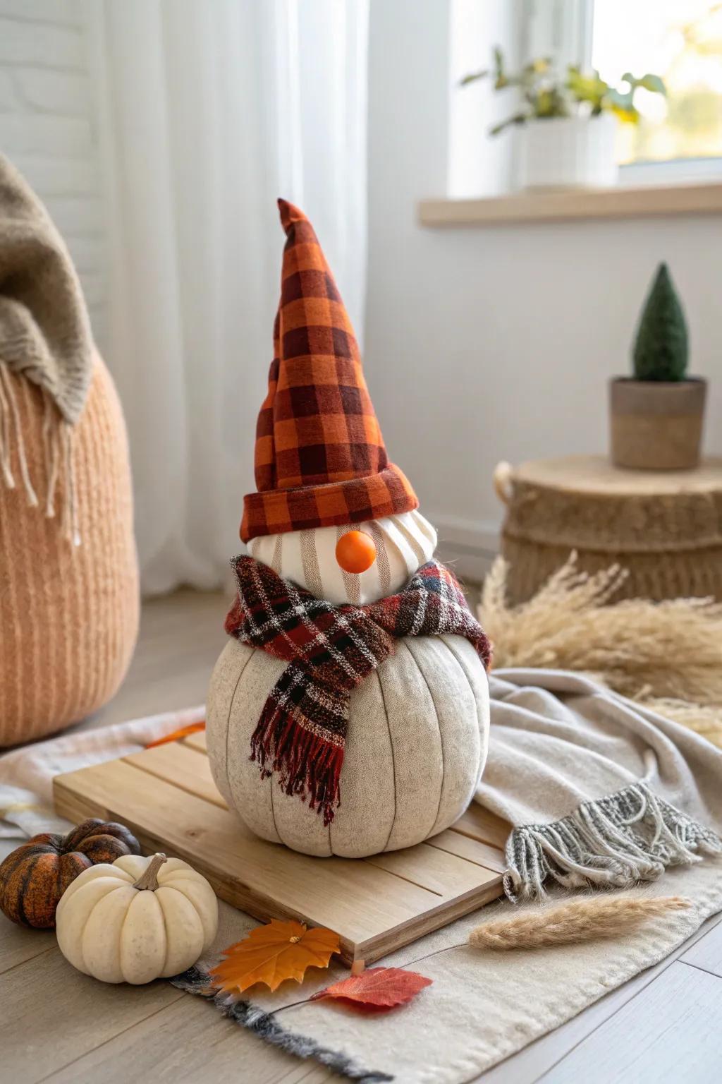 Repurpose fabric scraps to give your pumpkin gnome a cozy, plaid twist.