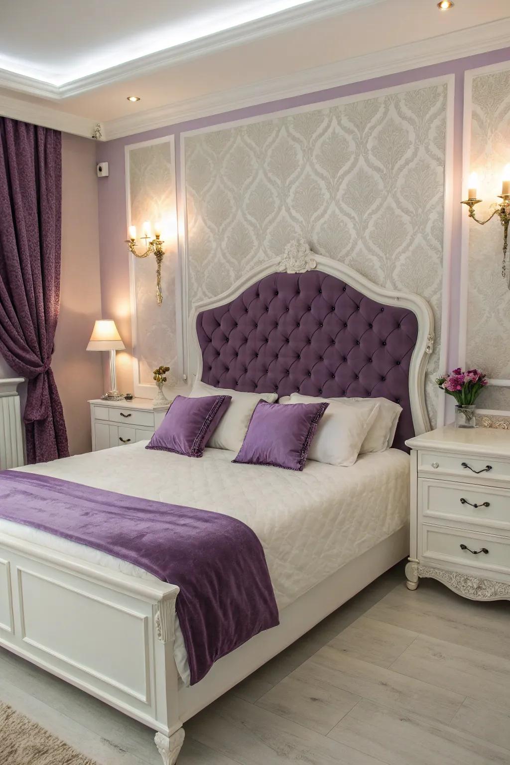 White furniture with purple upholstery creates a seamless and stylish look in any bedroom.