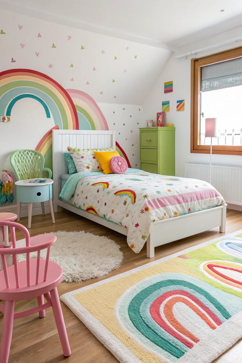 Colorful furniture pieces bring the rainbow theme to life, creating an engaging and fun space.