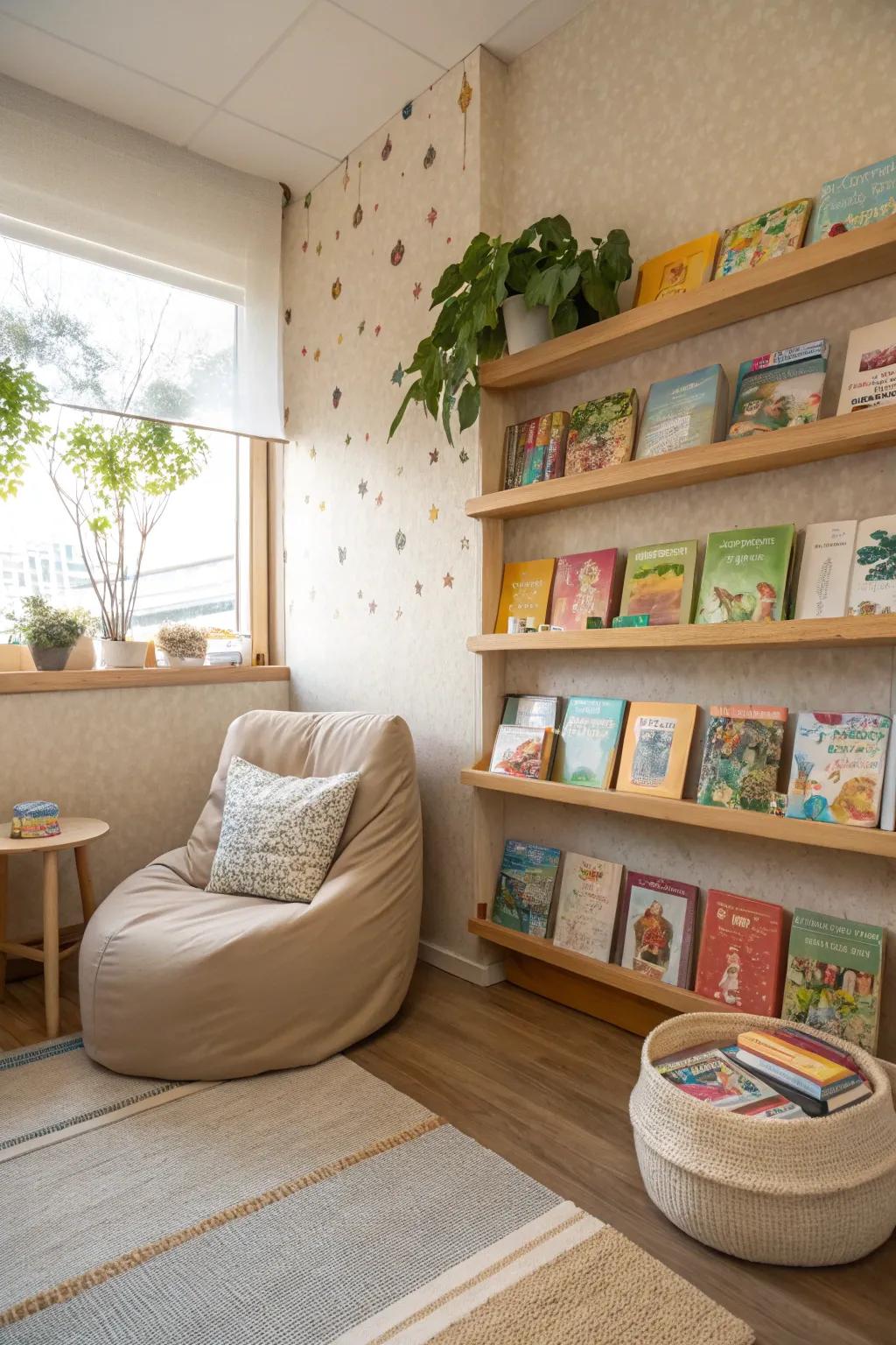 Encourage independent reading with easily accessible bookshelves.