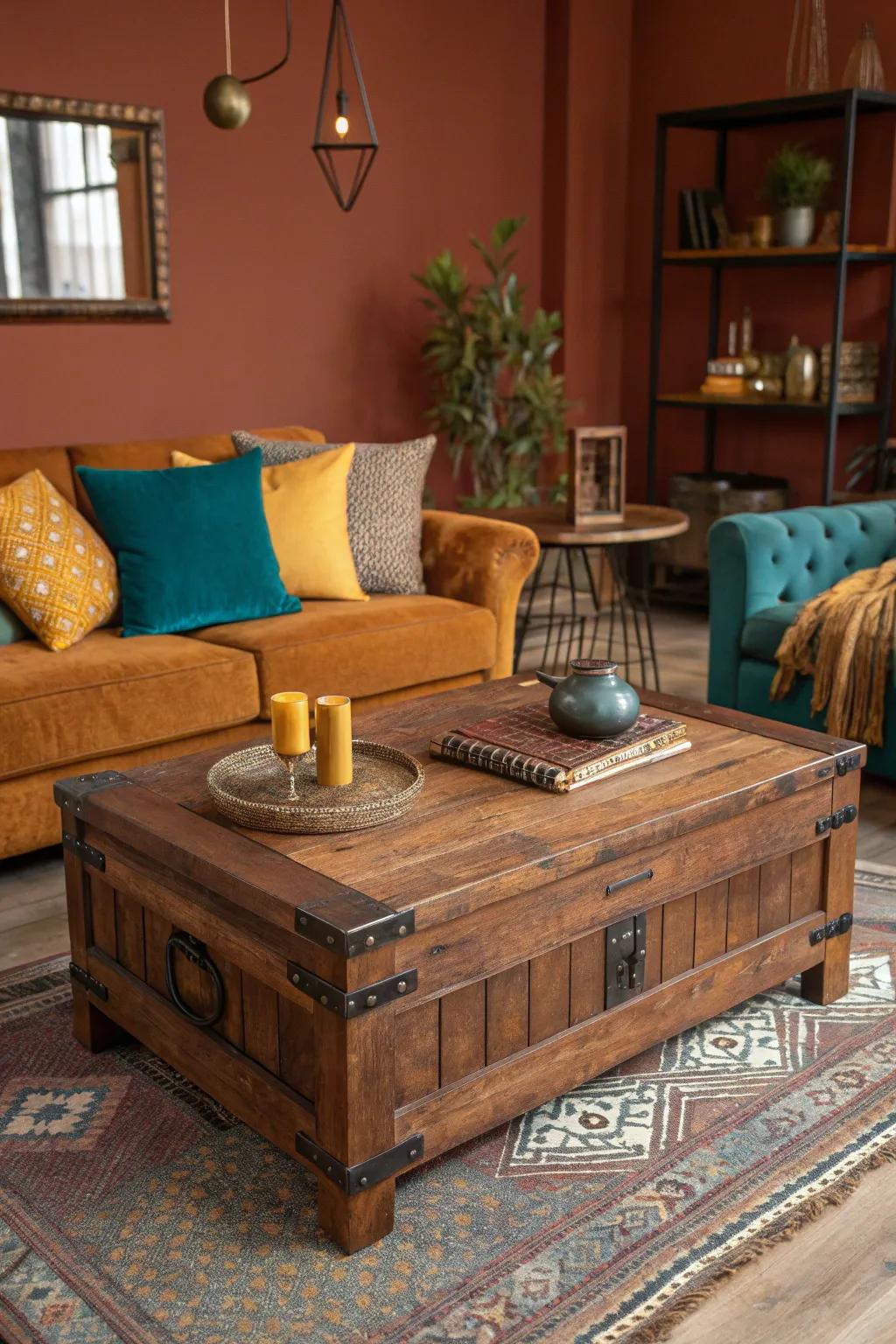 Rustic wooden tables add natural charm and texture, perfectly complementing rust tones.