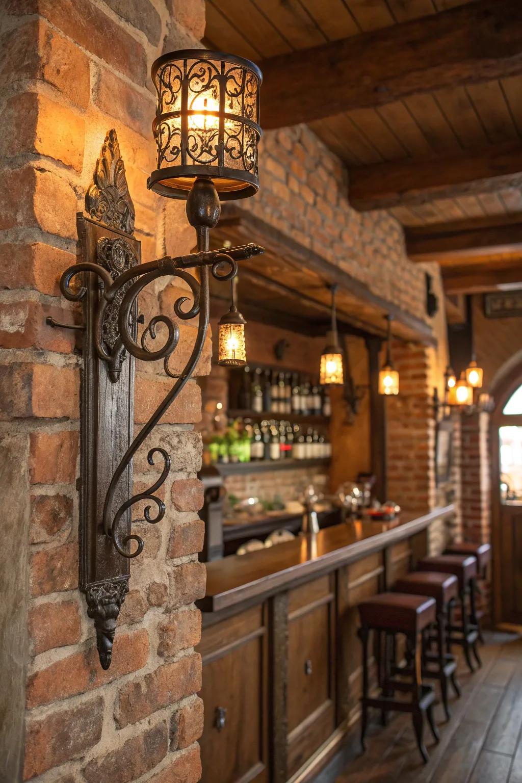 Wrought iron sconces add elegance and warmth to rustic wall decor.