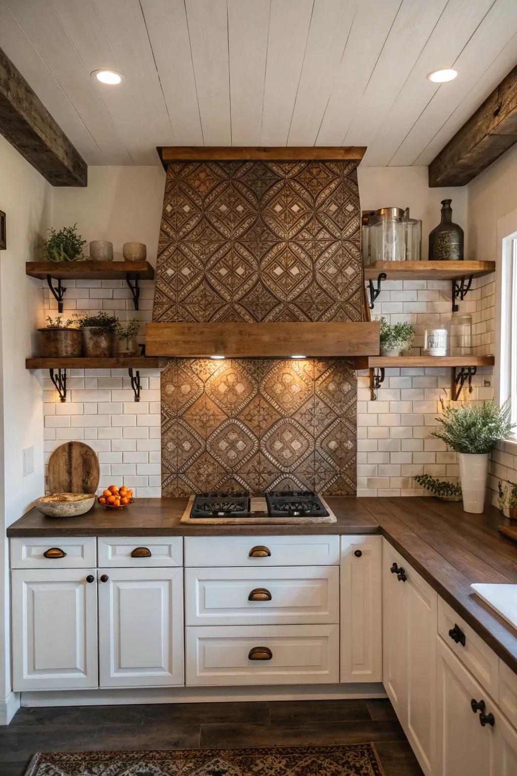 Make a statement with a <strong>patterned tin backsplash</strong>, adding texture and depth to your kitchen walls.” loading=”lazy” class=”pimg”>
	</picture><figcaption>Make a statement with a <strong>patterned tin backsplash</strong>, adding texture and depth to your kitchen walls.</figcaption></figure>
<p>Consider using tin tiles with decorative patterns to add texture and visual interest. These can become the focal point of your kitchen, especially when paired with simpler elements elsewhere.</p>
<h3>These products might be useful:</h3>
<ul class=