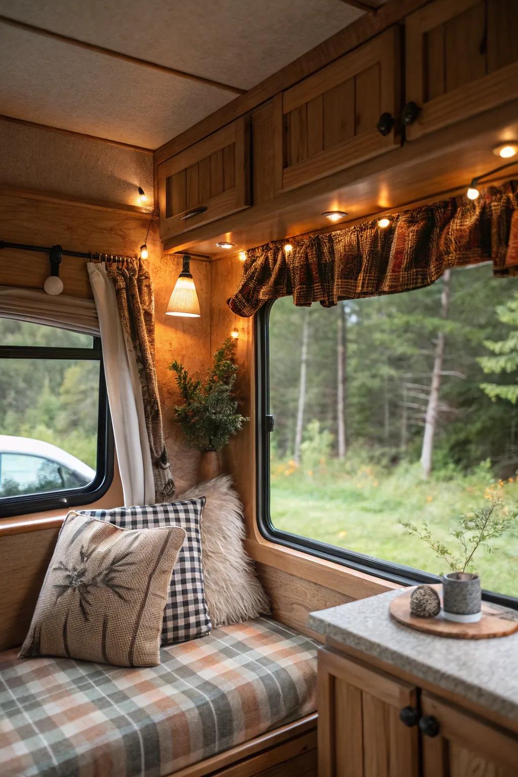 Achieve a rustic charm with wooden valances in your RV. Perfect for those who love the cabin vibe.