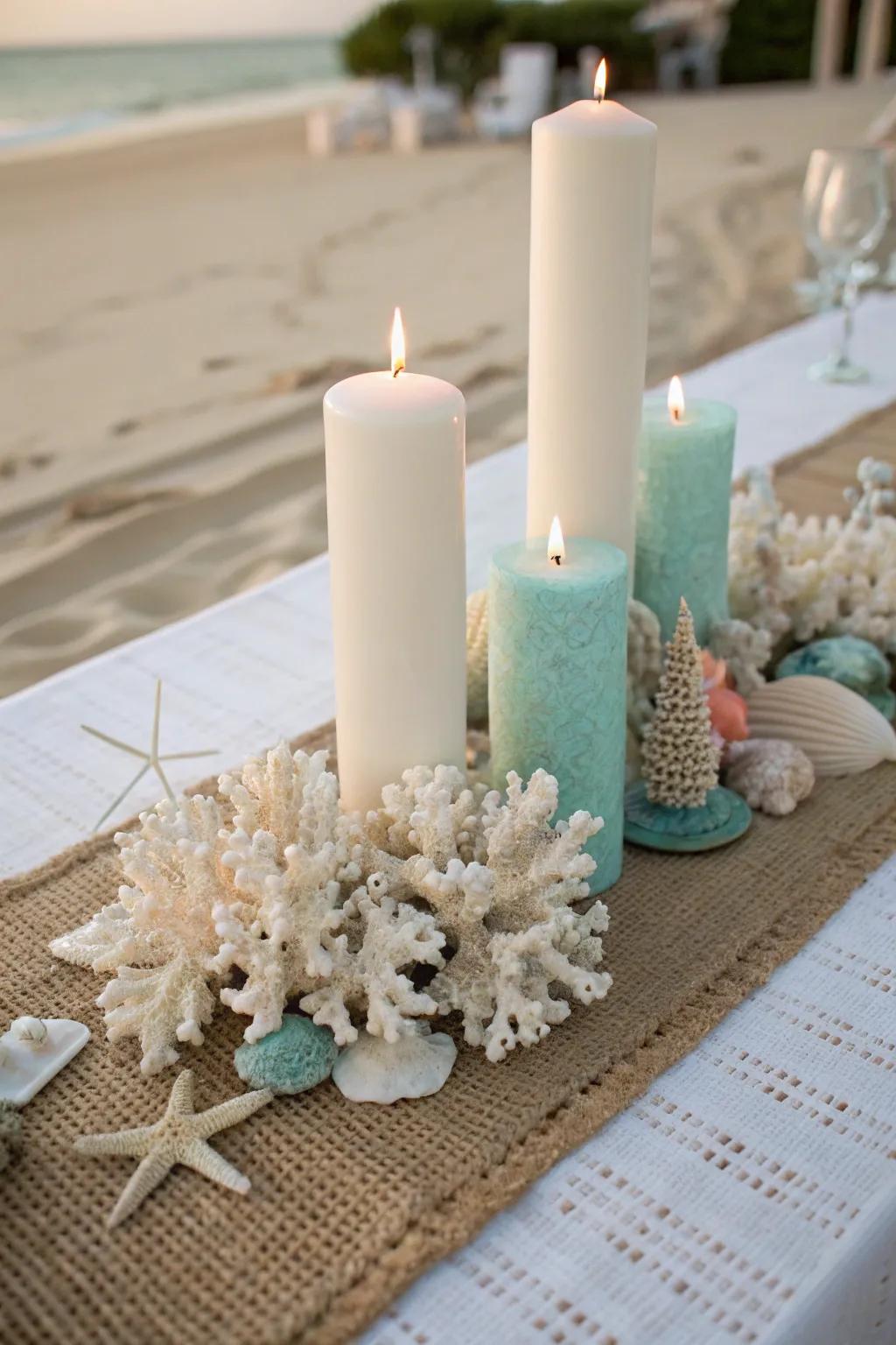 Sophisticated and serene, this coral and candle cluster brings coastal elegance to your home.