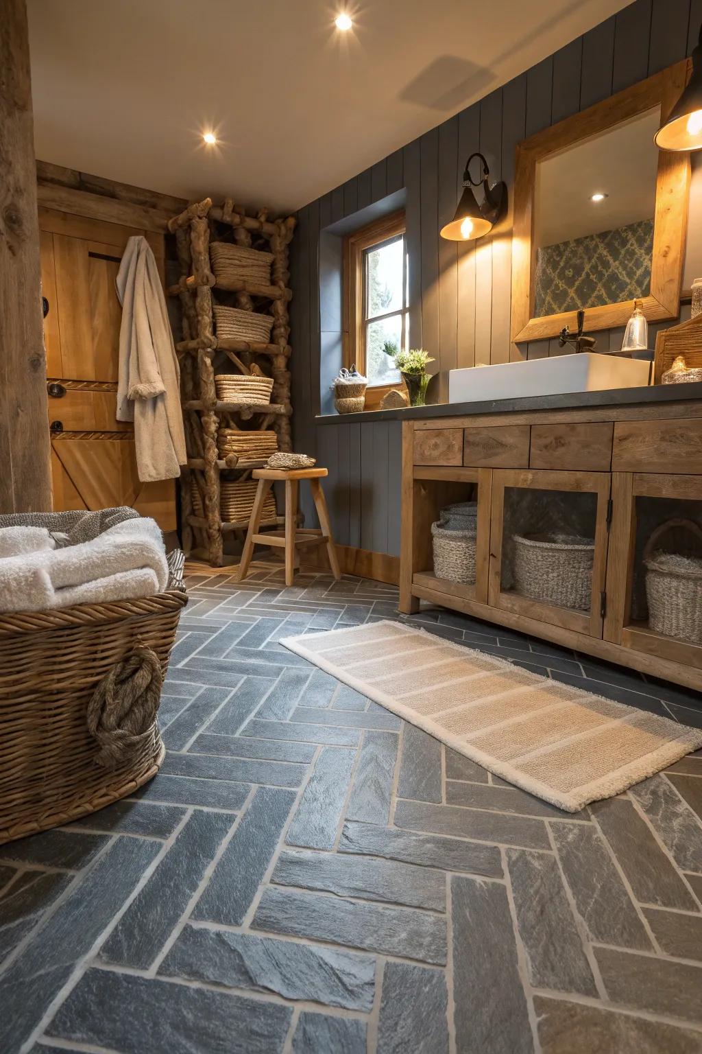 Bring rustic elegance to your bathroom with a herringbone slate tile pattern that's timelessly stylish.