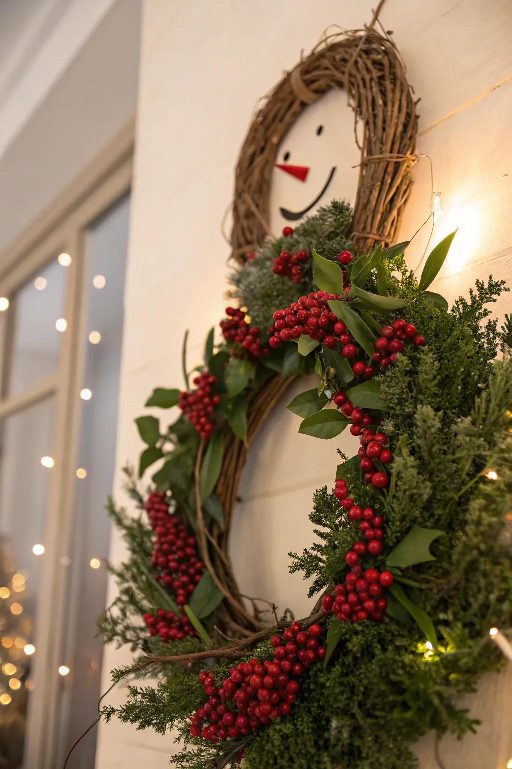 Bring the outdoors in with a greenery-filled snowman wreath that whispers winter elegance.
