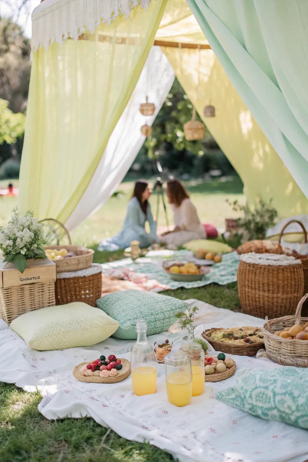 Enjoy a laid-back picnic style gathering with cozy seating and delicious bites for a perfect spring day.