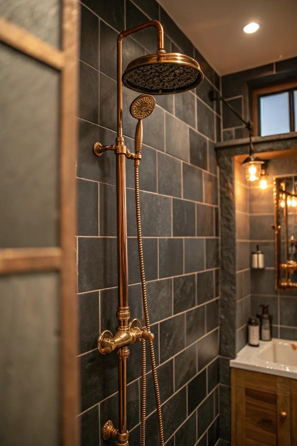 Dive into the depths of steampunk elegance with moody tiles that set the perfect stage.