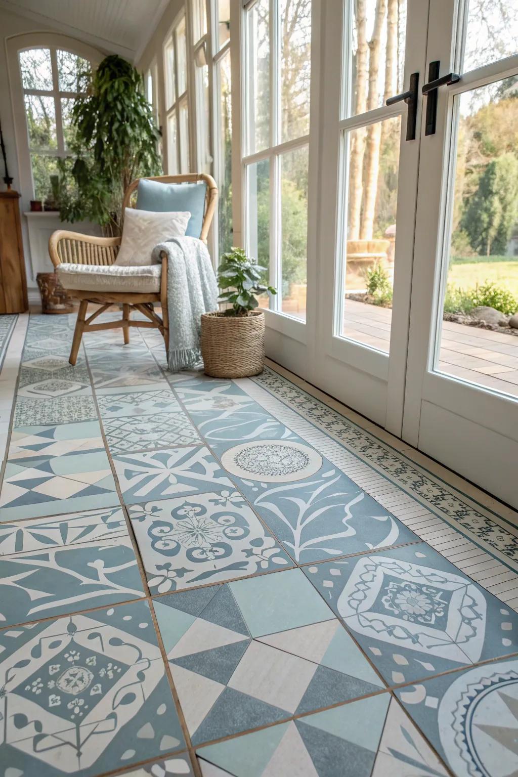 Turn your sunroom into an artistic haven with bold geometric tiles. #ModernDesign #GeometricTiles