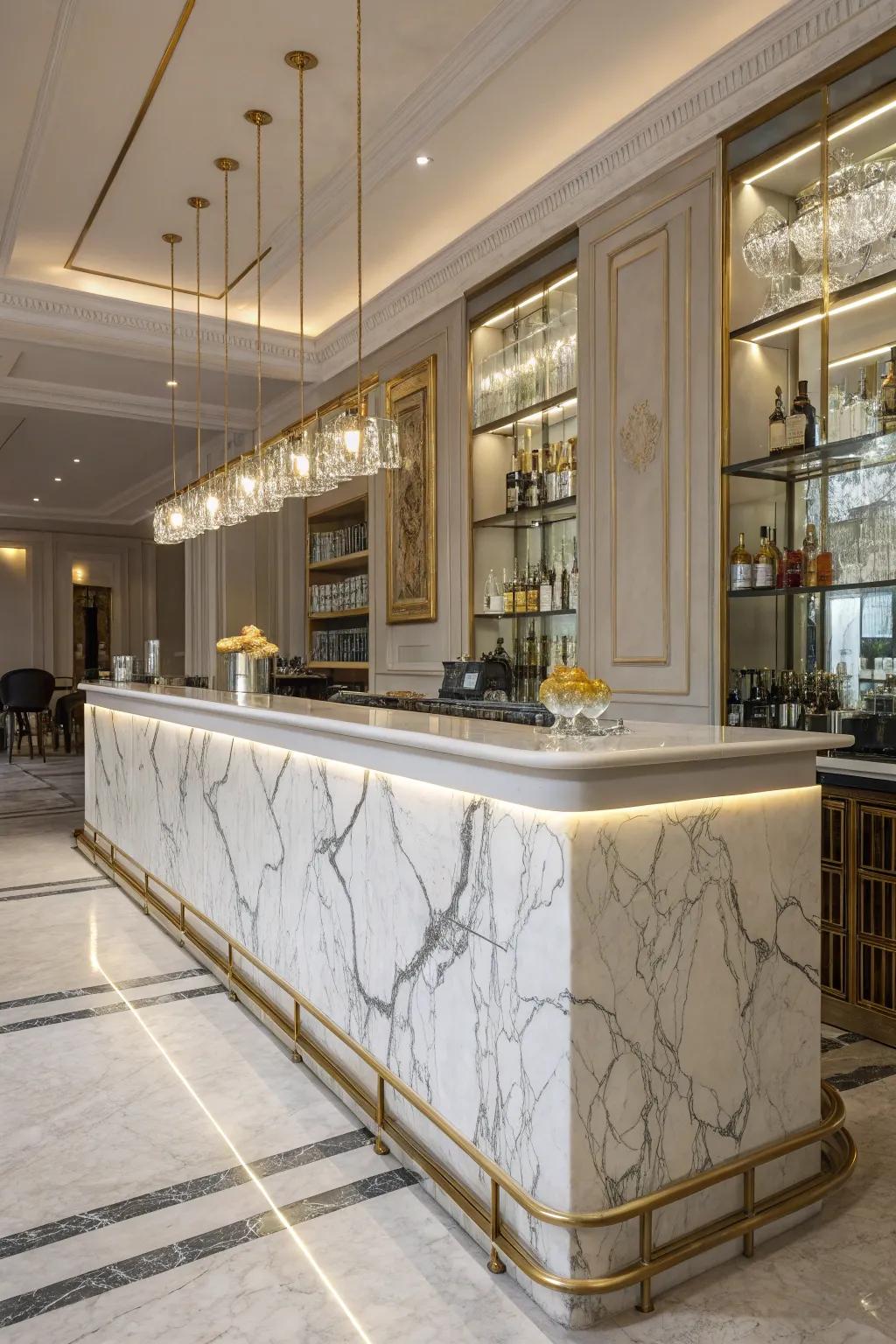 Elevate your bar with timeless marble tiles that bring luxury and elegance to any space.