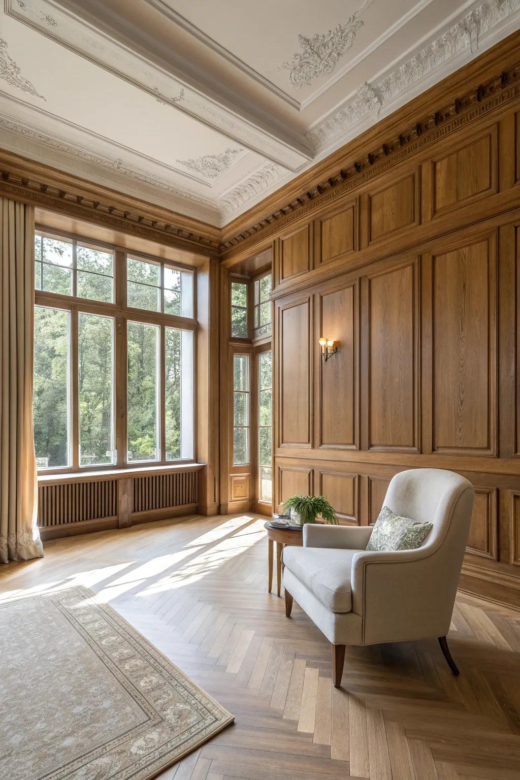 Integrate wall and ceiling wainscoting for a seamless, elegant look.