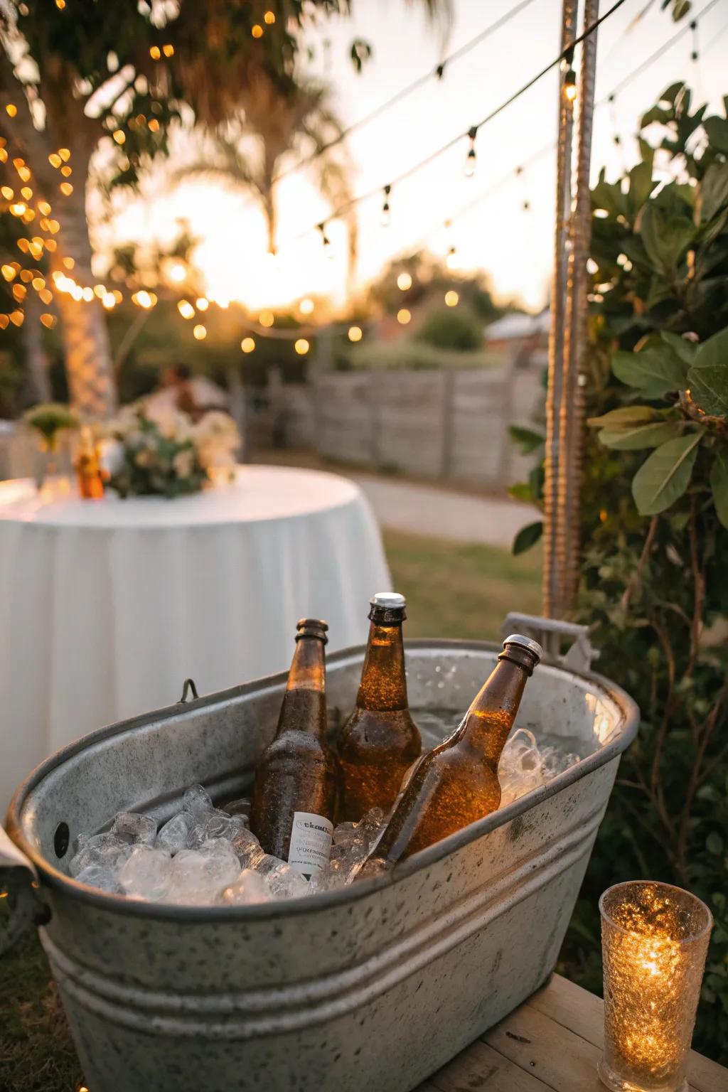 Create a seamless vintage theme with metal tubs that serve as practical and stylish drink stations.