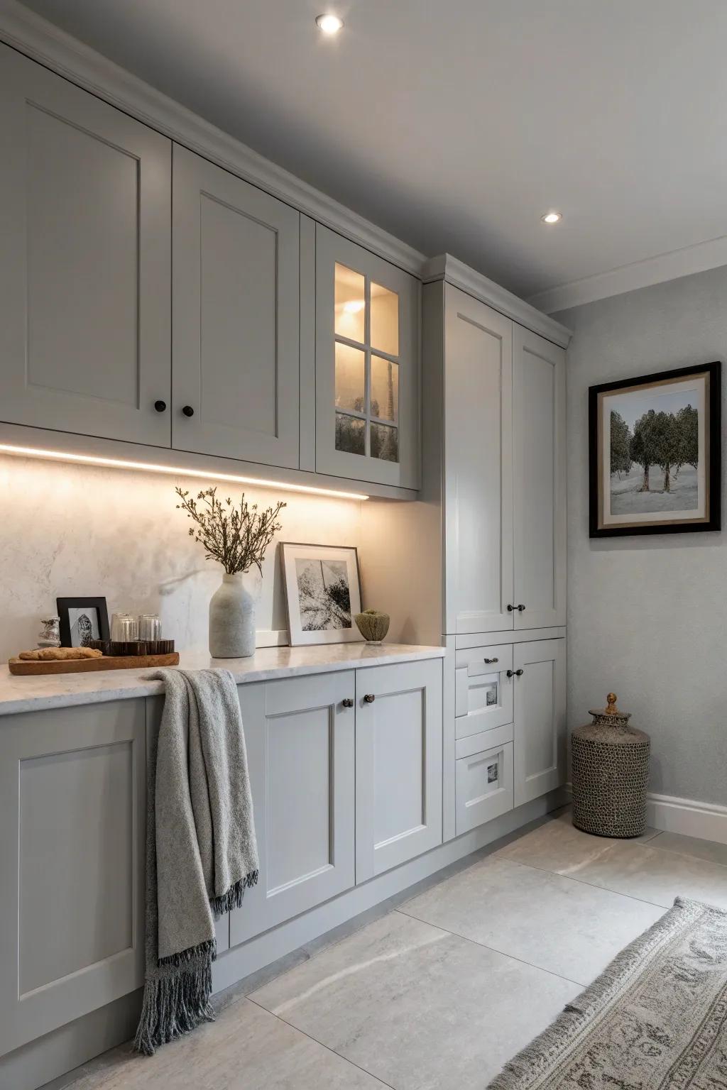 Achieve a serene and cohesive kitchen design with light gray walls matching gray cabinets.