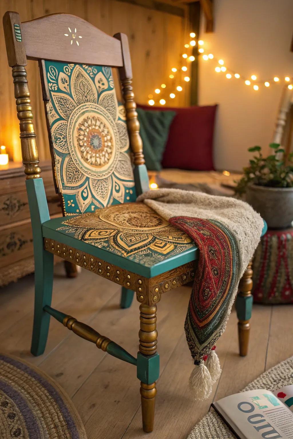 Add a bohemian touch to your home with a hand-painted chair featuring intricate mandala designs.