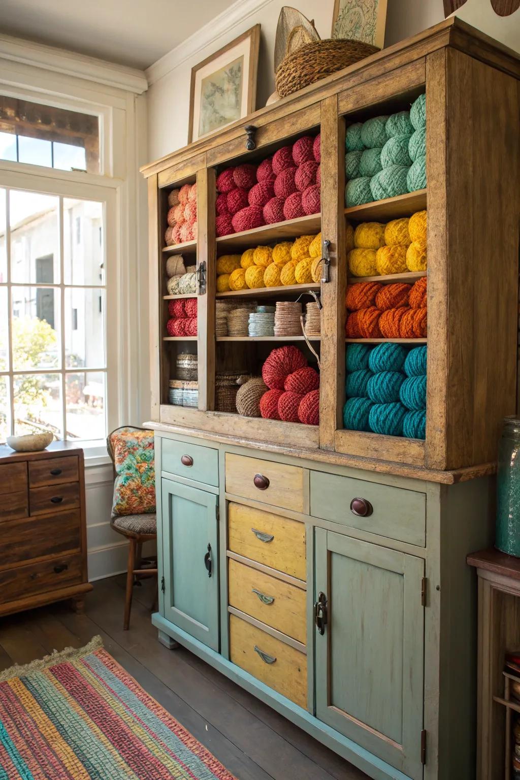 Add charm to your space by repurposing vintage furniture for yarn storage.