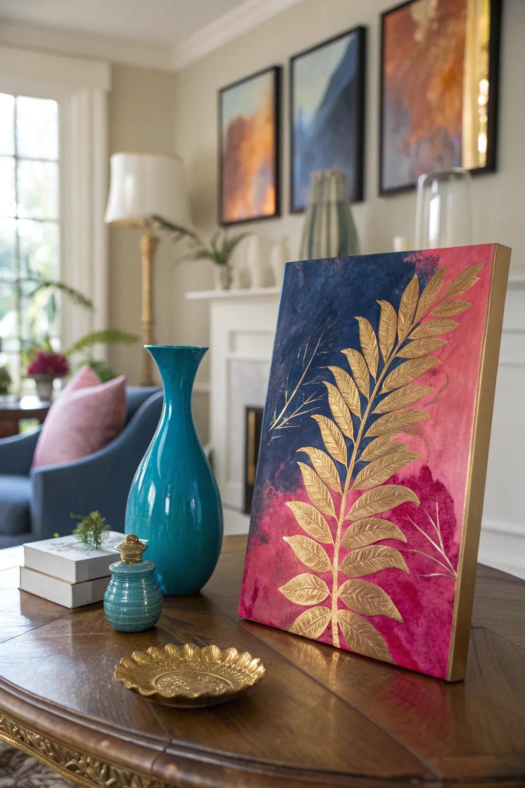 Let bold colors and gold leaf collide for a dynamic and energizing art piece.