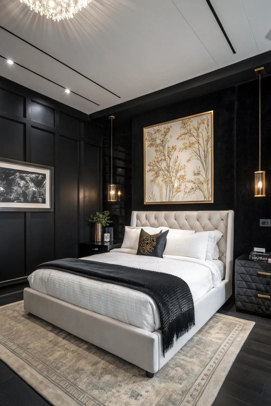White bedding and light artwork bring a refreshing contrast to this black bedroom. #BedroomDesign #Contrast