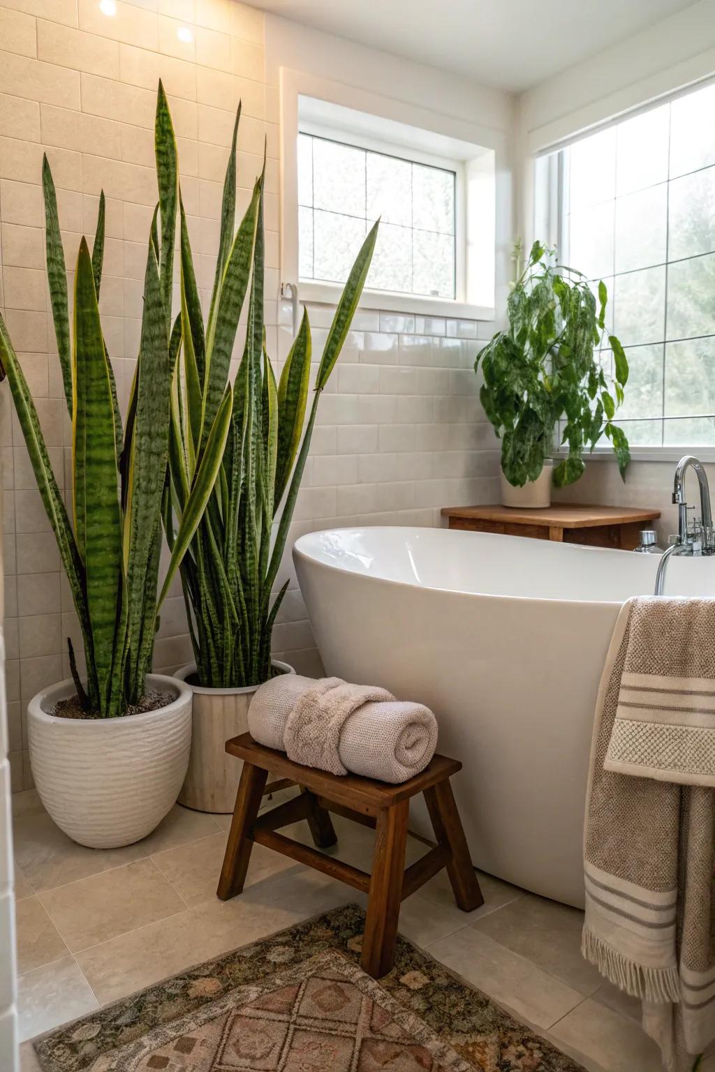 Turn your bathtub into an oasis with tall, striking snake plants. 🌱 #BathroomInspo #GreenLiving