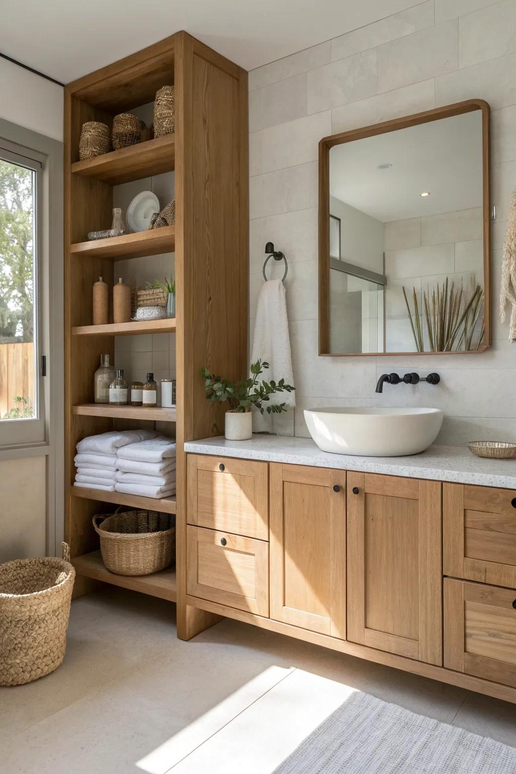 Open shelving integrated with oak cabinets adds a touch of style while keeping the space open.