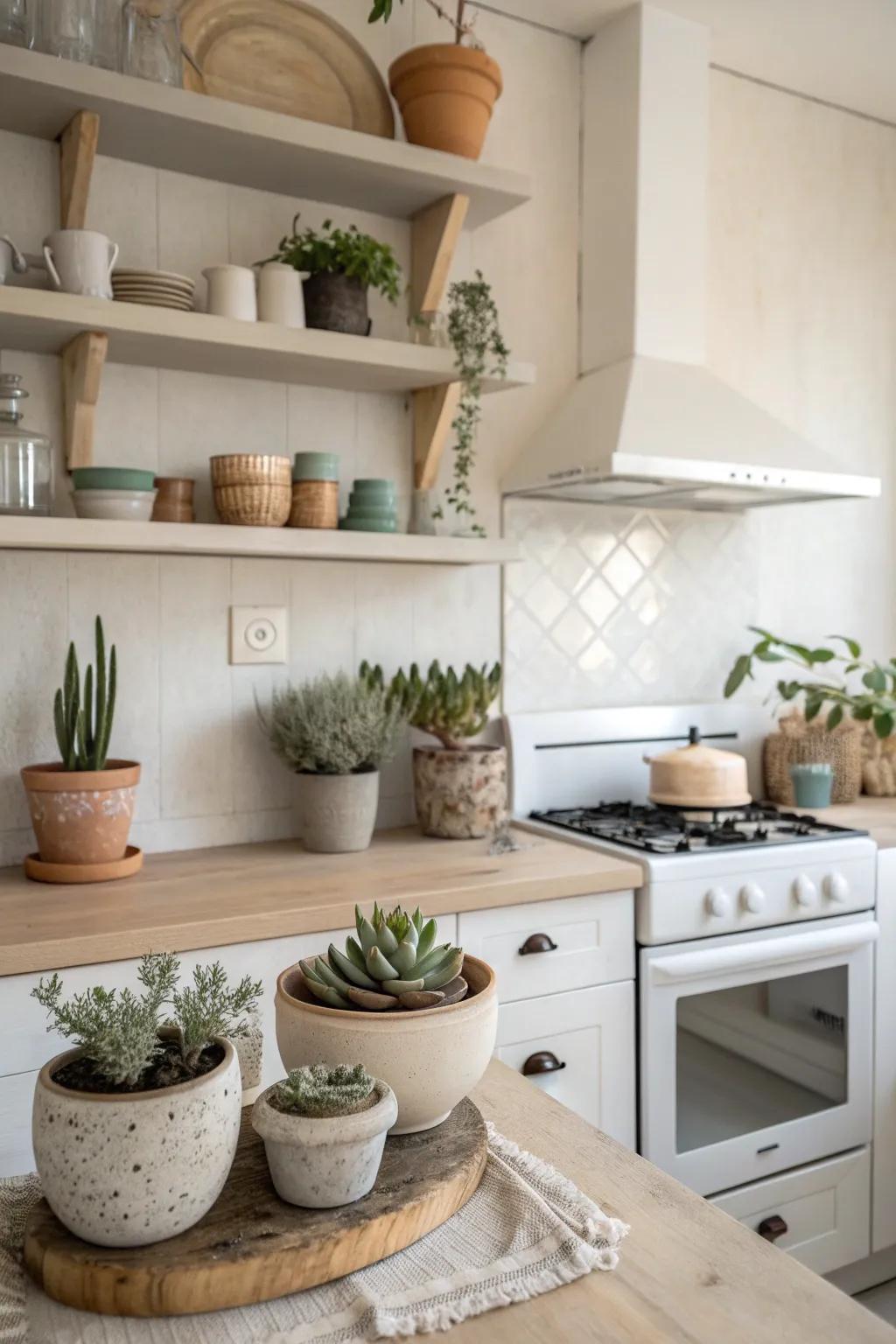 Create an inviting kitchen space with open shelving that showcases your favorite decor.