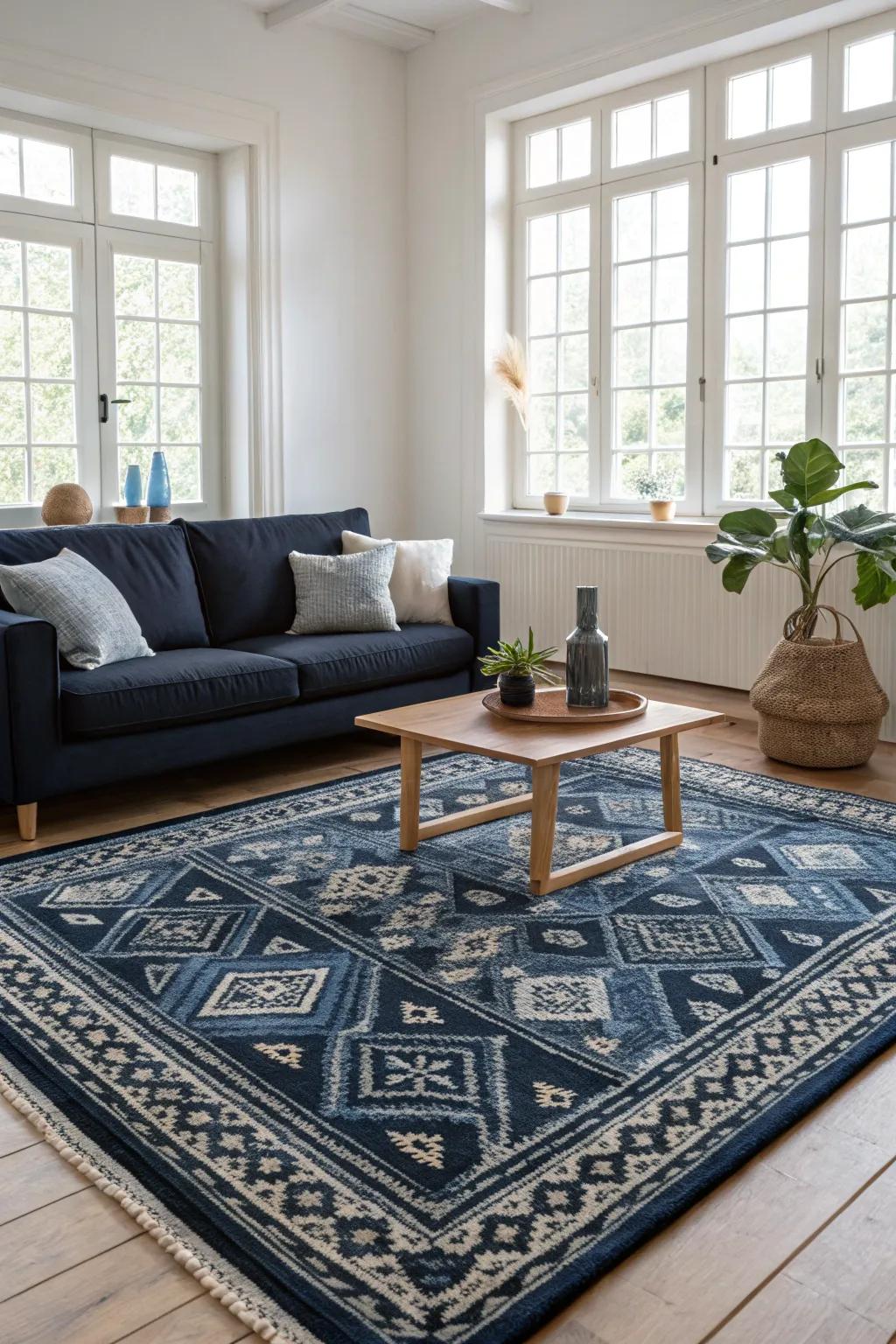 A statement rug can beautifully unify your living room's color palette. 🏡✨ #RugDesign #InteriorDecor