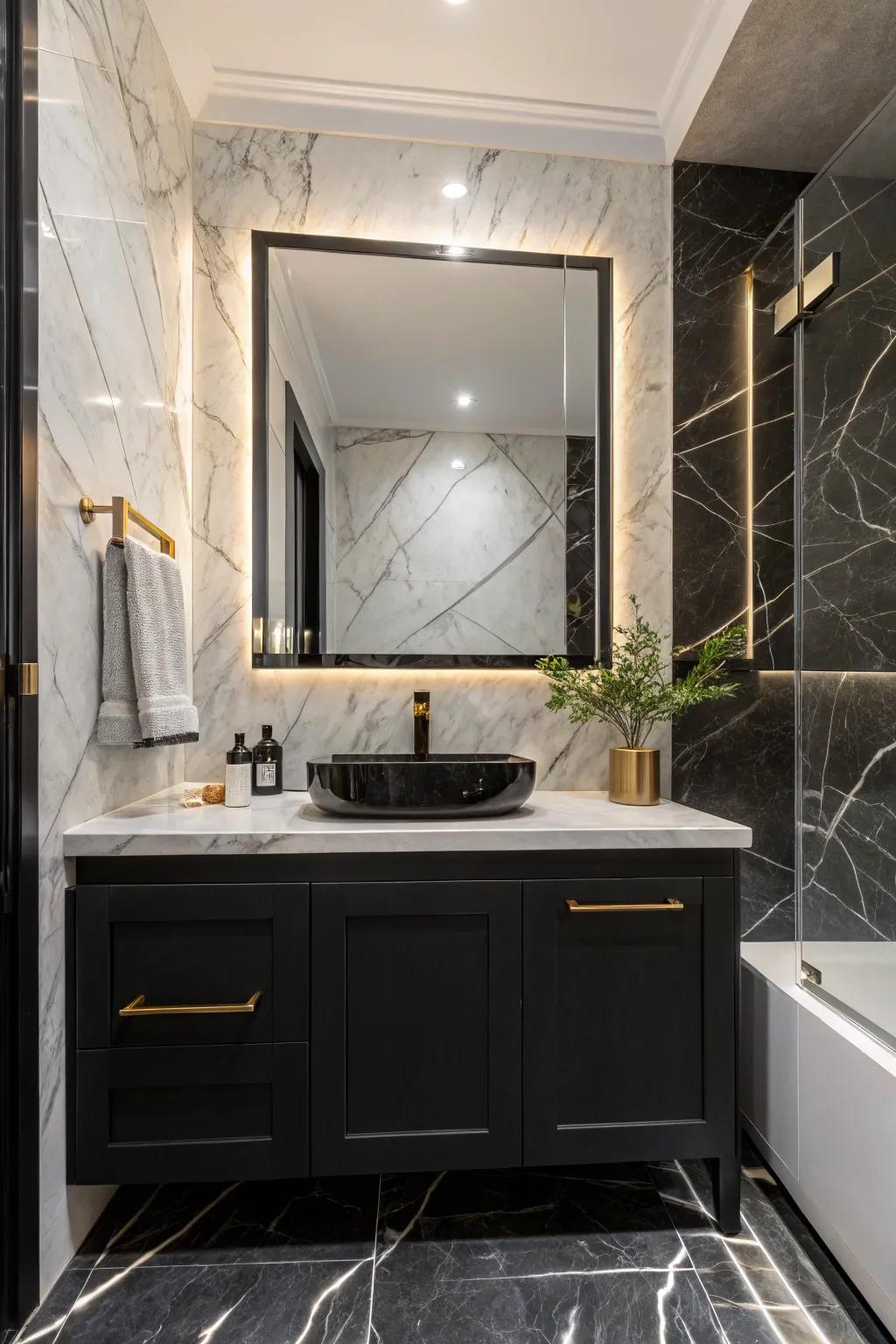A sleek vanity unit completes the look of a modern marble bathroom.