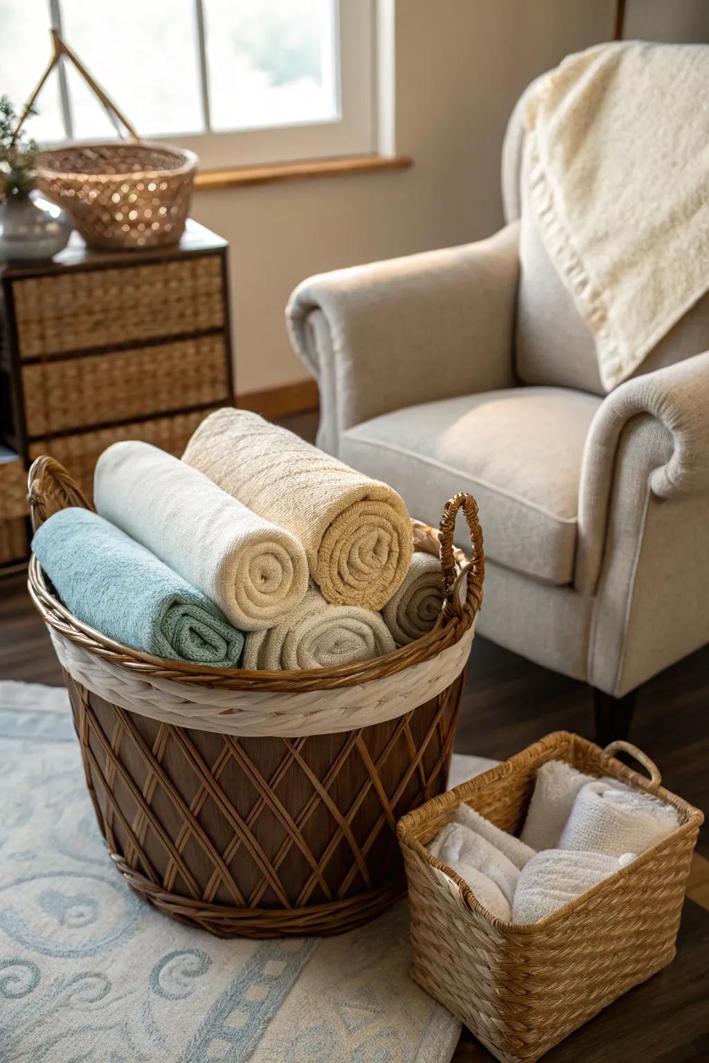 Spa-style rolled blankets bring a touch of luxury and calm to any space. #RelaxationStation #HomeSpa