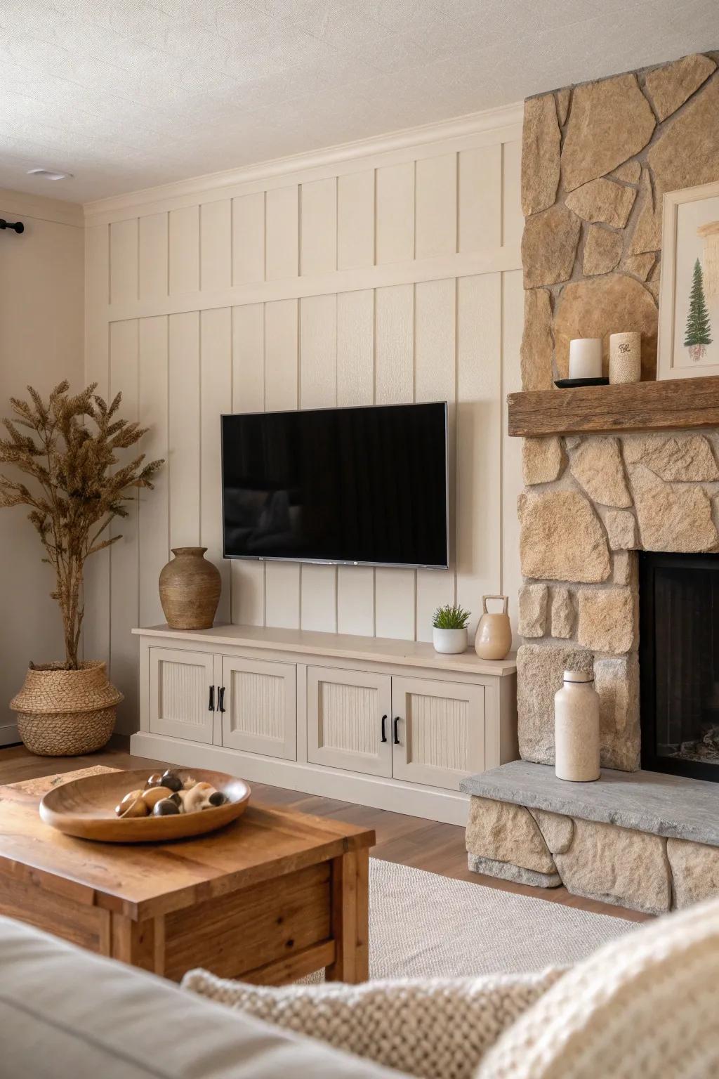 Combine textures for a rich, layered look that brings warmth and character to your TV area.