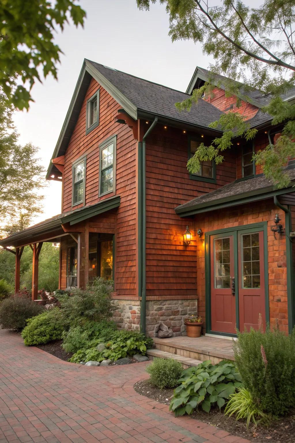 Rustic charm meets natural beauty with red brick and wood siding.