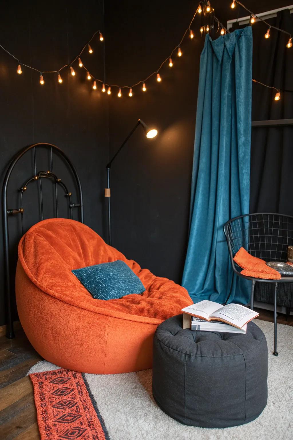 A cozy reading nook with a burnt orange chair invites relaxation and style.