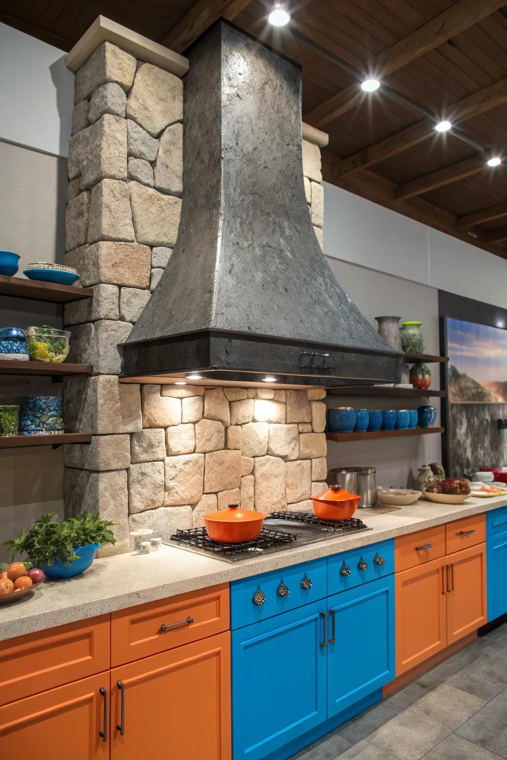 Add depth to your kitchen with a range hood in contrasting materials for a striking visual impact.