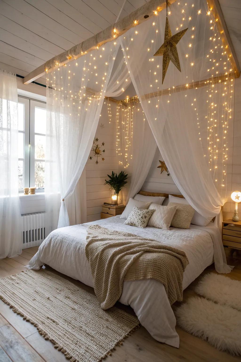 Bathe your room in a gentle glow with fairy lights that create an enchanting celestial ambiance.