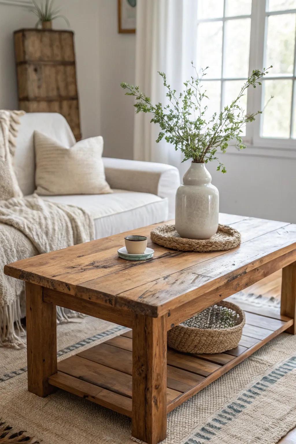 Rustic wood accents bring nature's charm indoors. Embrace the beauty of imperfections.