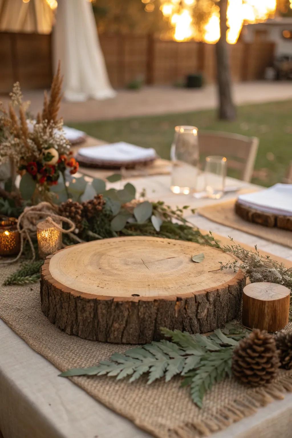 Embrace rustic elegance with wood elements that ground your table decor with natural warmth.