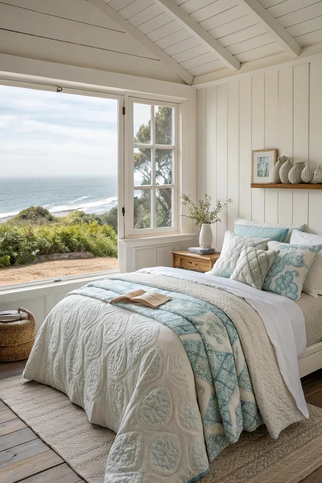 Inviting bedding with layered quilts makes this coastal bedroom an irresistible retreat.