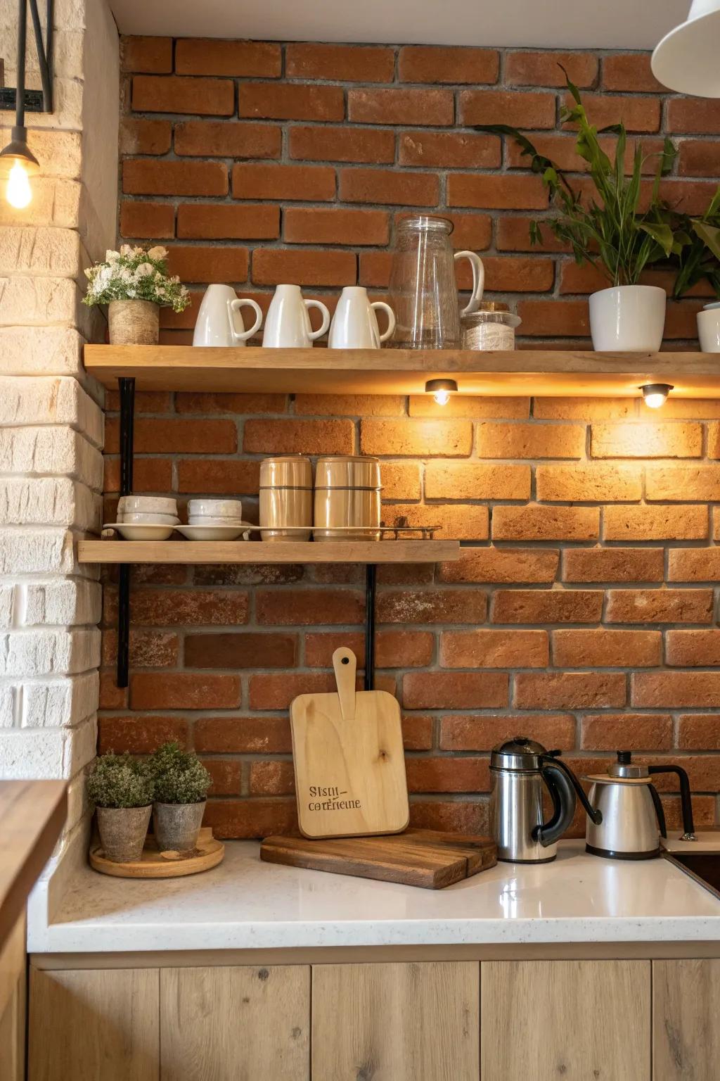 Create a cozy coffee corner with a brick backsplash that radiates warmth.