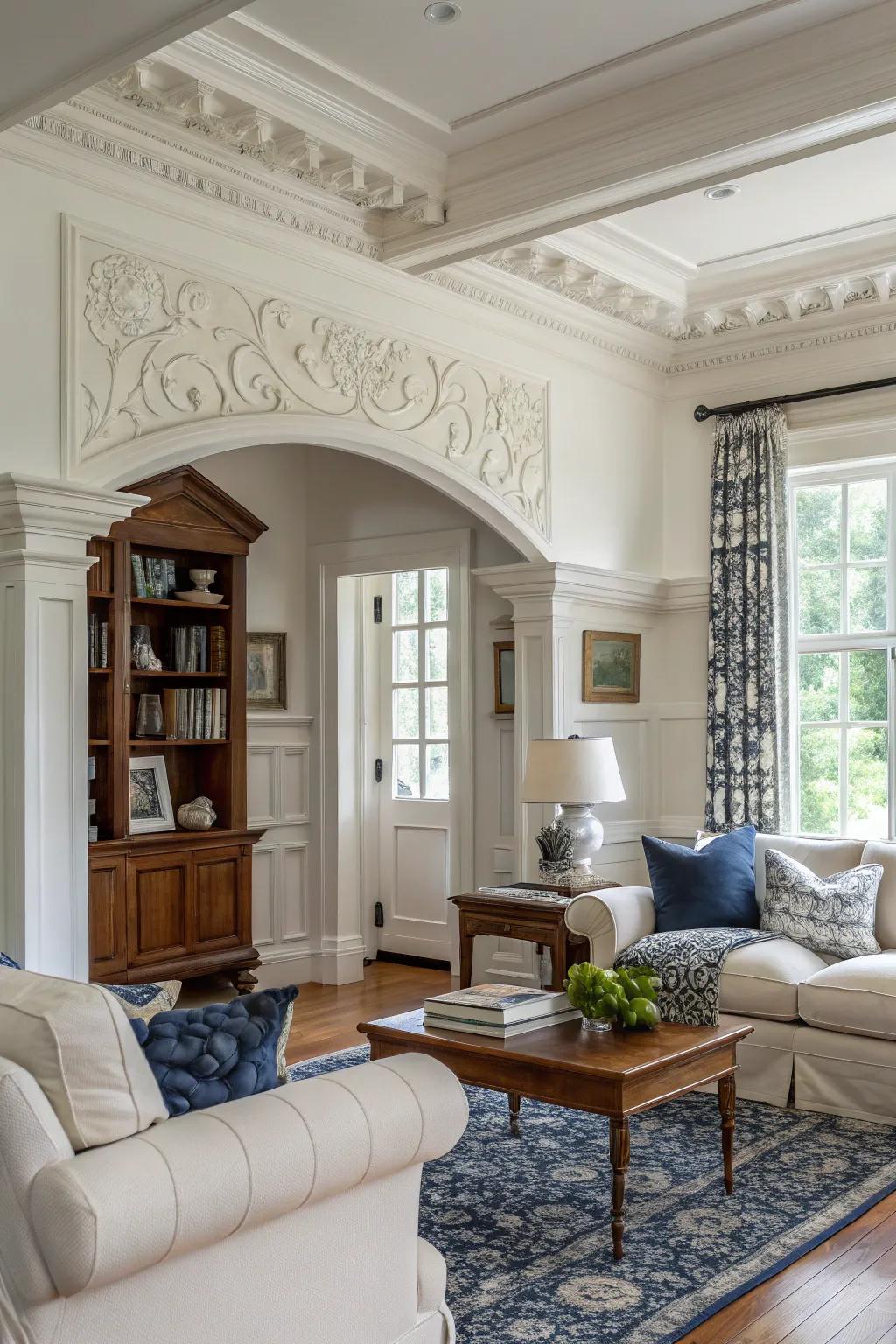 Ornate details like crown molding add a touch of timeless elegance to your living room. 🏛️ #InteriorDesign #ClassicStyle