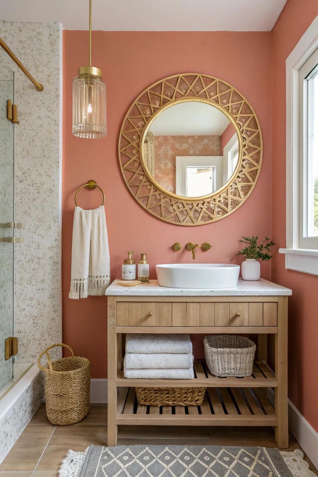 Coral and gold unite to bring a touch of elegance to your bathroom.