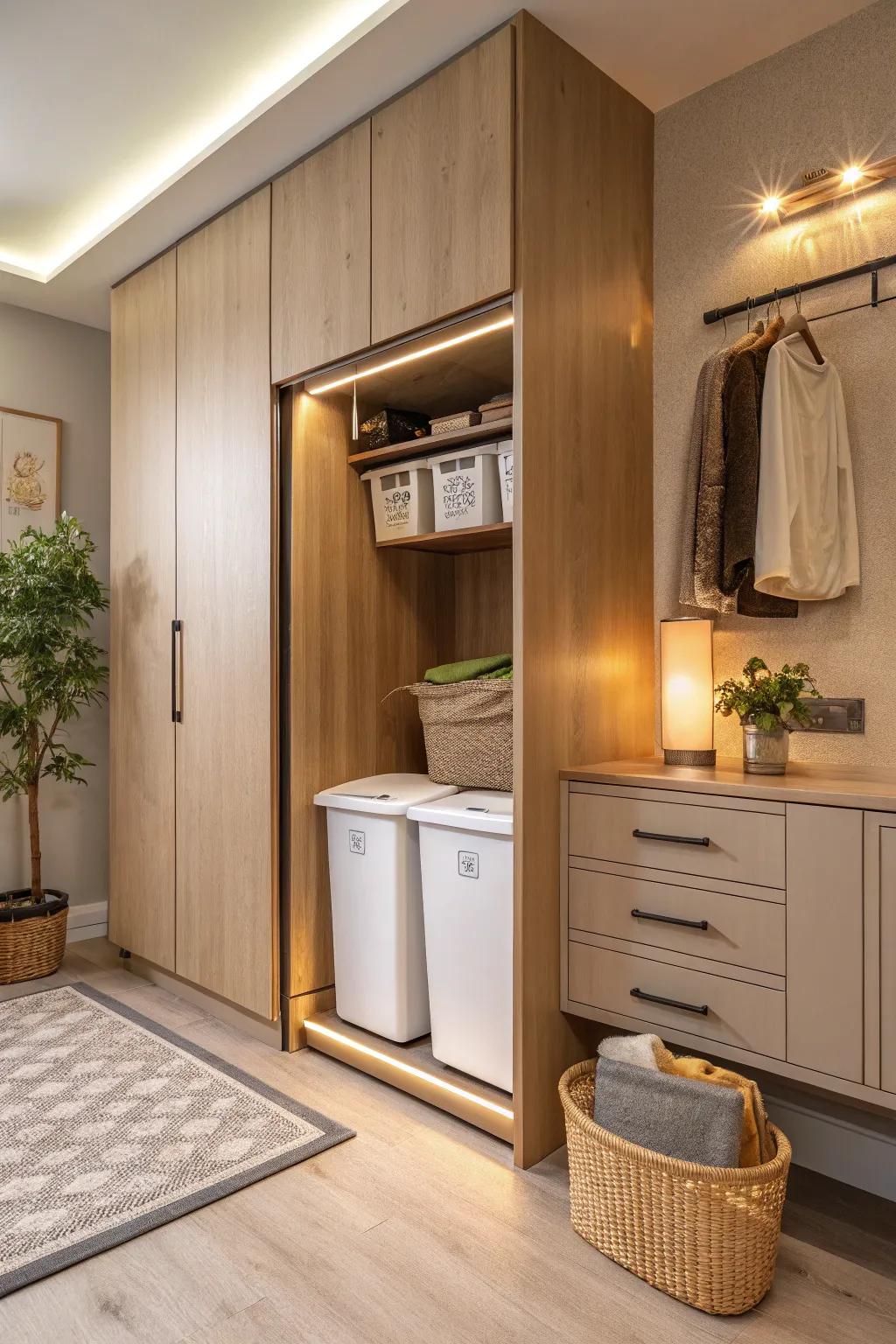 Streamline your kitchen with integrated bins for a tidy and sustainable setup.