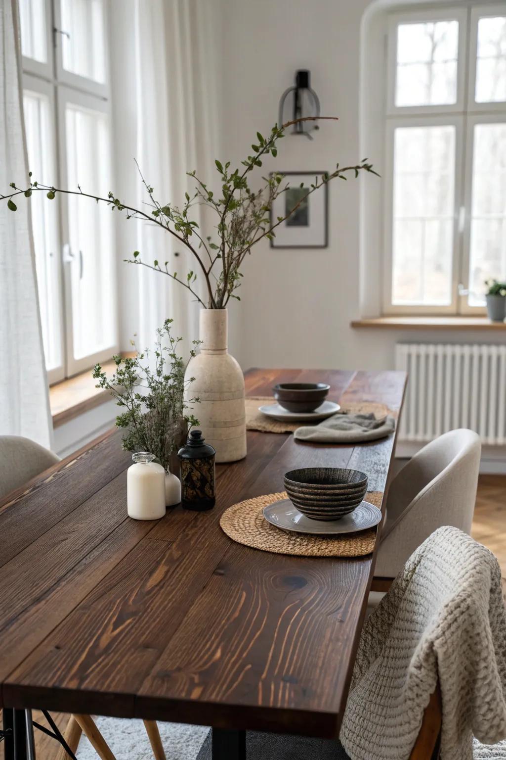 Let your table take center stage with the timeless contrast of dark wood against white walls.