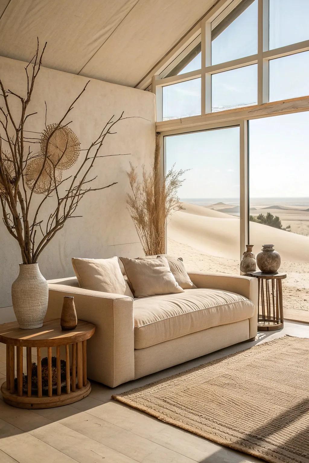Keep it light and airy with low-profile furniture that enhances the minimalist charm of desert interiors.