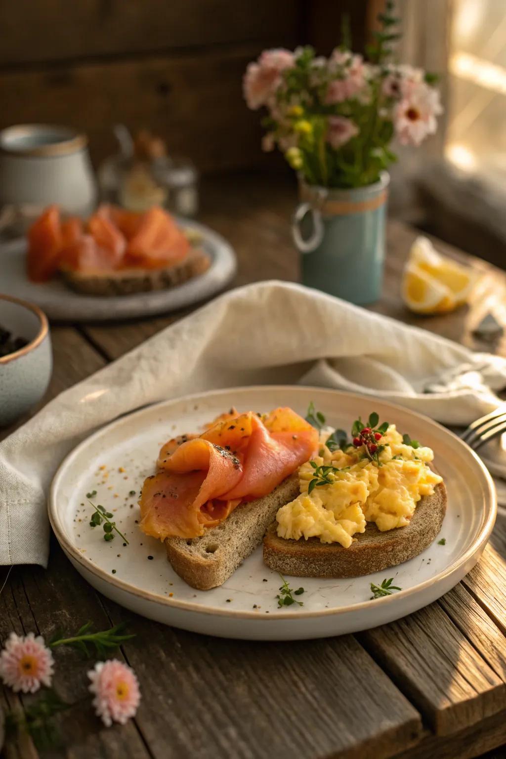 Elevate your breakfast with smoked salmon and scrambled eggs, a gourmet choice for any morning.