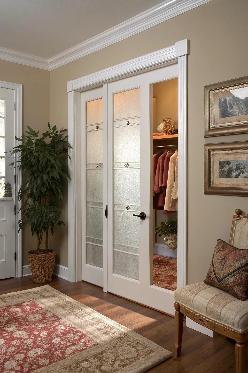 Enjoy privacy and style with frosted glass closet doors. #ModernHome #PrivacyWithStyle #EntrywayElegance