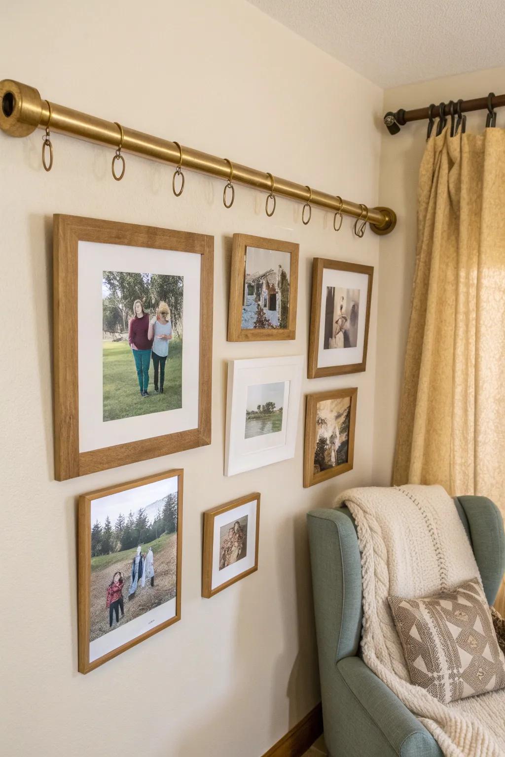 Step outside the box with a curtain rod display that brings creativity and flexibility to your photo wall.