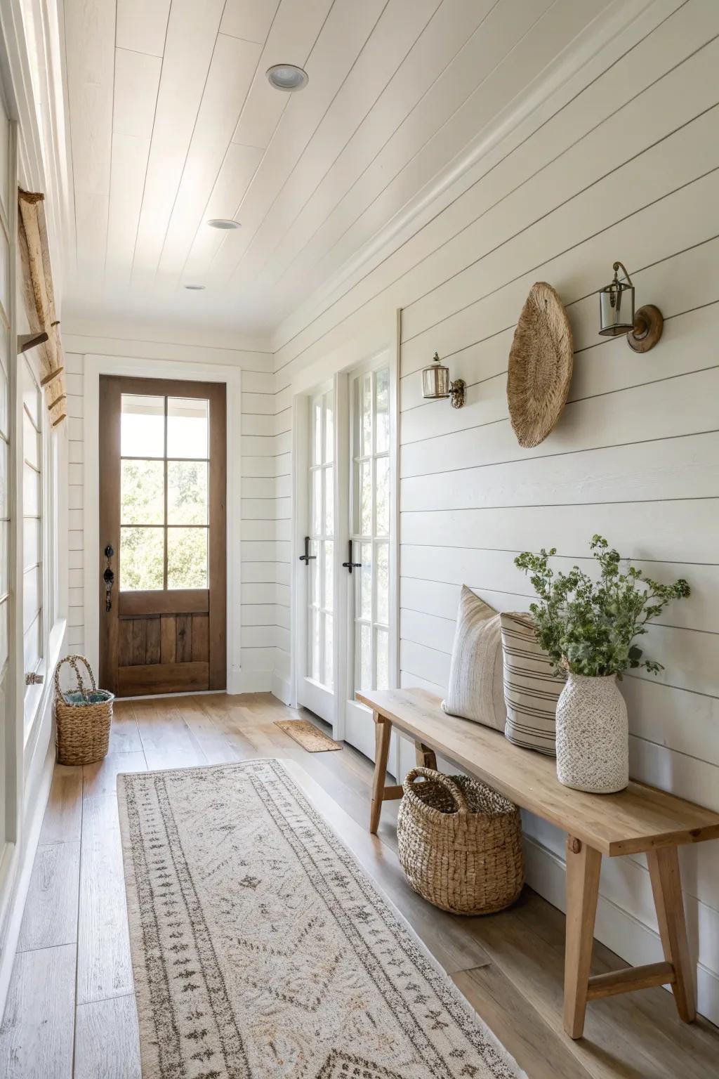 Textures like shiplap and rugs bring depth to your farmhouse decor.