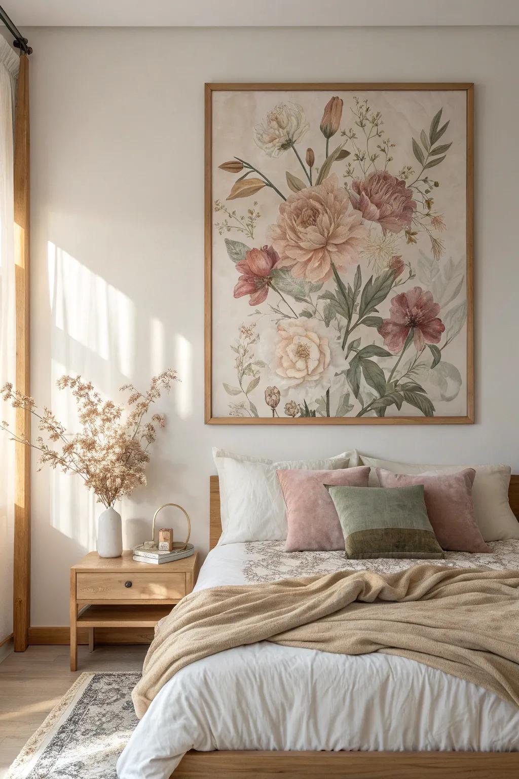 Floral artwork adds elegance and a pop of color to bedroom walls.